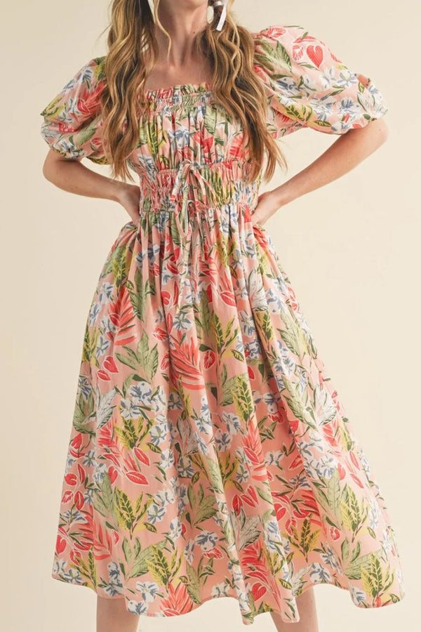 floral-smocked-square-neck-puff-short-sleeve-midi-dress OhSoStyled - Sophia's Style-1